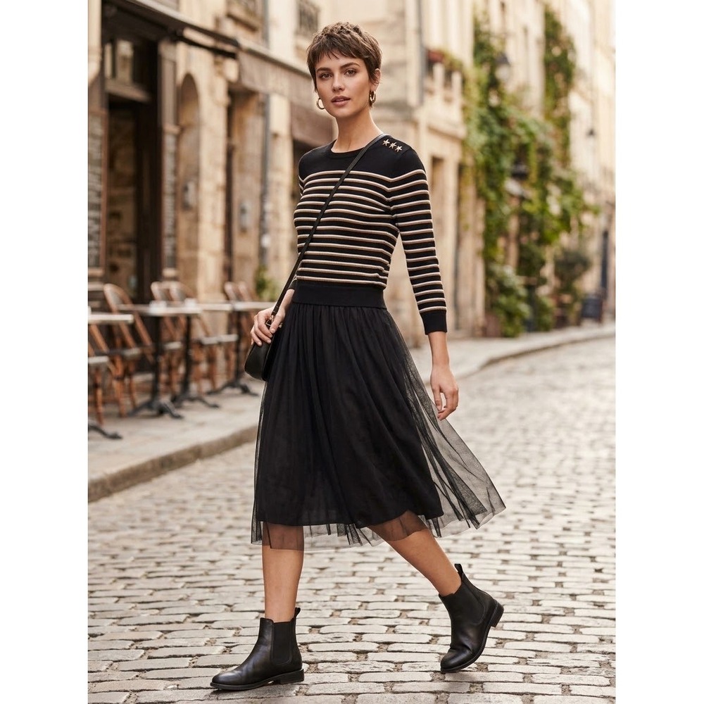 ModCloth Black Striped Star Sweater Tulle Skirt Fit Flare Dress Medium